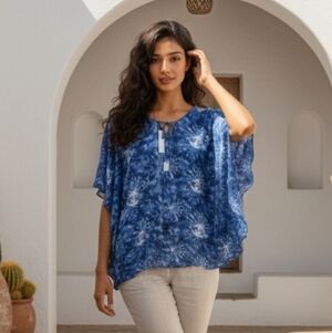 Blue Tie-Dye Style Women's Top V- Neck With Lace-Up Detail Size Medium